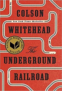 The book cover of The Underground Railroad by Colson Whitehead, featuring a minimalist design with intersecting, labyrinth-like train tracks running vertically across a stark background.