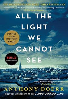 Cover of 'All the Light We Cannot See' by Anthony Doerr showing a seaside city of Saint-Malo beneath dramatic skies - an inspiring historical fiction novel and Pulitzer Prize winner perfect for book clubs.