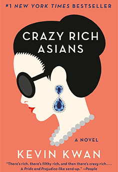 Crazy Rich Asians book cover by Kevin Kwan featuring intricate gold designs and vibrant colors, symbolizing luxury, wealth, and Asian culture.