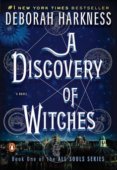 Book cover of 'A Discovery of Witches' by Deborah Harkness showing a witch and vampire under the stars above Oxford's Bodleian Library