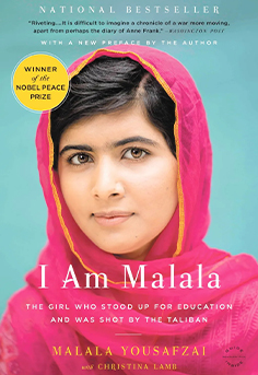 Malala Yousafzai and Christina Lamb book cover for I Am Malala, a memoir about the Pakistani activist's fight for girls' education and survival after being shot by the Taliban