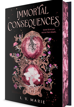  Immortal Consequences book cover by I.V. Marie, dark academia fantasy, YA fantasy romance, magical boarding school in the afterlife, six students competing in deadly trials, series debut, gothic aesthetic