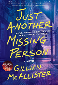 Just Another Missing Person book cover featuring a woman partially obscured by fog, with the author name Gillian McAllister and the title in bold yellow lettering. The image evokes a sense of mystery and suspense, perfect for fans of crime thrillers.