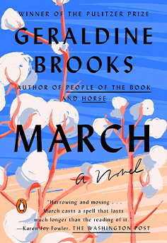  Historical fiction novel cover for March by Geraldine Brooks featuring a man in a Civil War uniform standing in a field at dusk. 