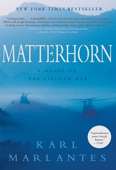 Book cover of 'Matterhorn' by Karl Marlantes showing jungle greens and military imagery that reflect a Vietnam War story of Marines, combat, and brotherhood