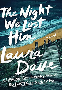 Cover of 'The Night We Lost Him' by Laura Dave featuring a dramatic California coastline and blazing sunset hinting at buried secrets and suspense