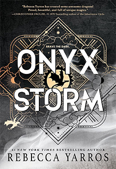 Cover of Onyx Storm by Rebecca Yarros: Violet astride her dragon Andarna beneath swirling storm clouds, symbolizing power, sacrifice, and self-discovery.