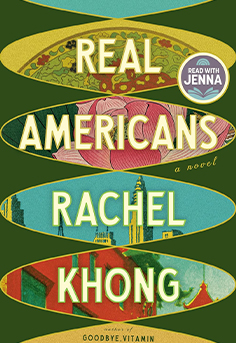 Book cover for 'Real Americans' by Rachel Khong, a stylized illustration of a woman looking over her shoulder with vibrant, colorful layers and patterns in the background, hinting at themes of identity, family, and inheritance.