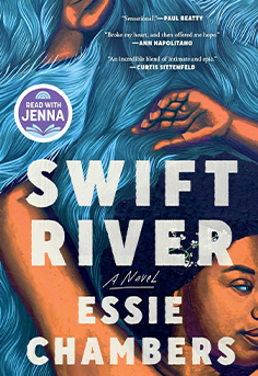 Book cover for 'Swift River' by Essie Chambers, featuring a bright, stylized illustration of a girl's face with a river flowing through her hair, set against a vibrant green and blue landscape, hinting at themes of nature, family secrets, and emotional depth.