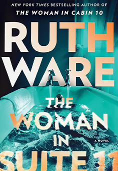  The Woman in Suite 11 book cover by Ruth Ware featuring a mysterious, shadowy figure in a hotel corridor, suspense thriller, locked-room mystery, psychological suspense, hotel mystery.